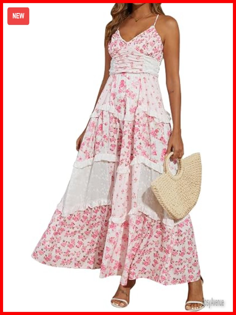 Floral Maxi Dress Spaghetti Strap V-Neck Lace Patchwork Boho Beach Sundress
